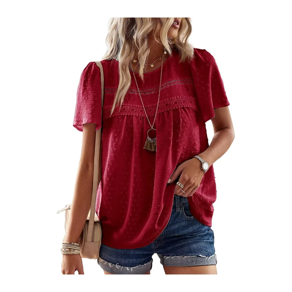 Chemisier Boho Blouse Manches Courtes Col Rond Tunique Fluide — Rouge