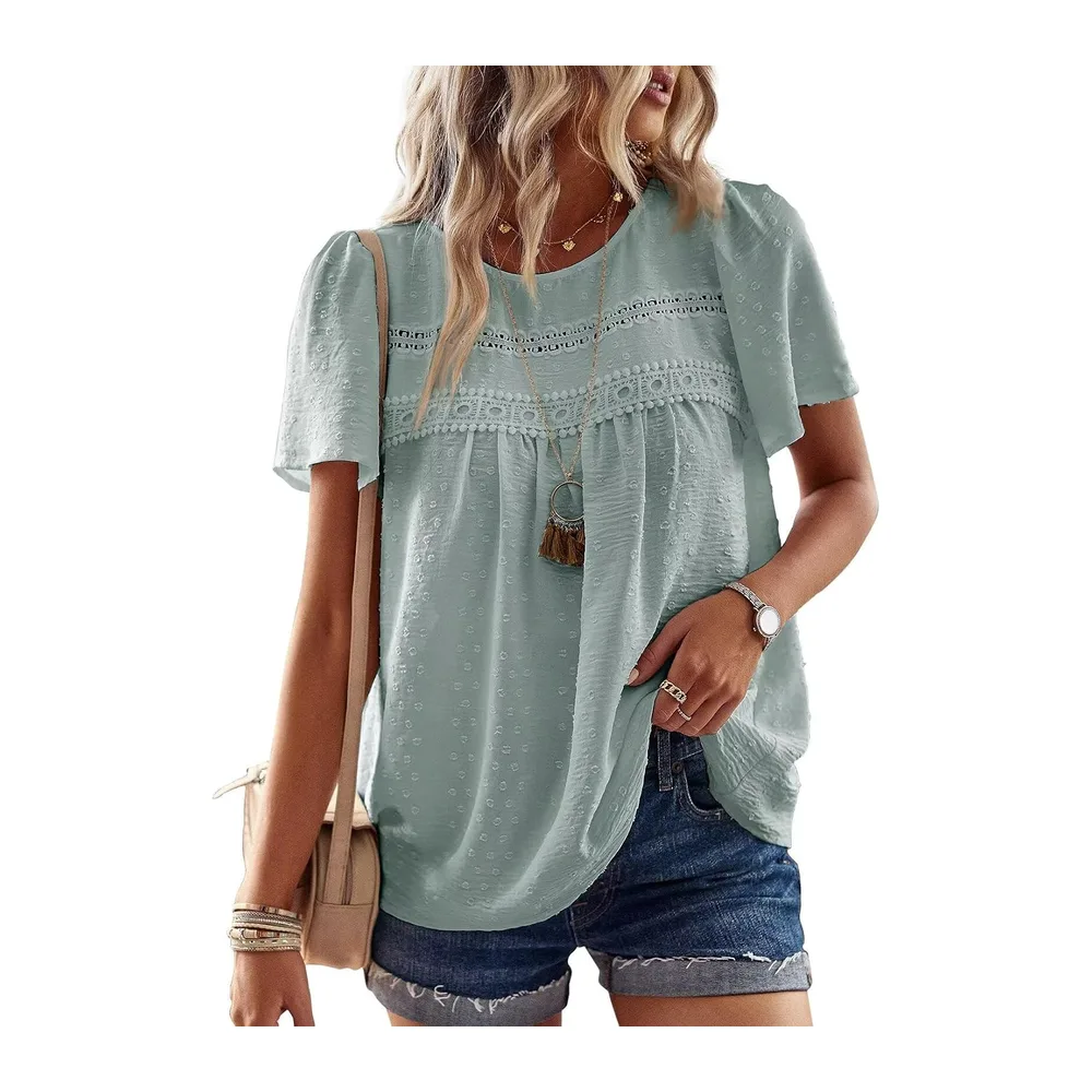 Chemisier Boho Blouse Manches Courtes Col Rond Tunique Fluide — Vert Grisé