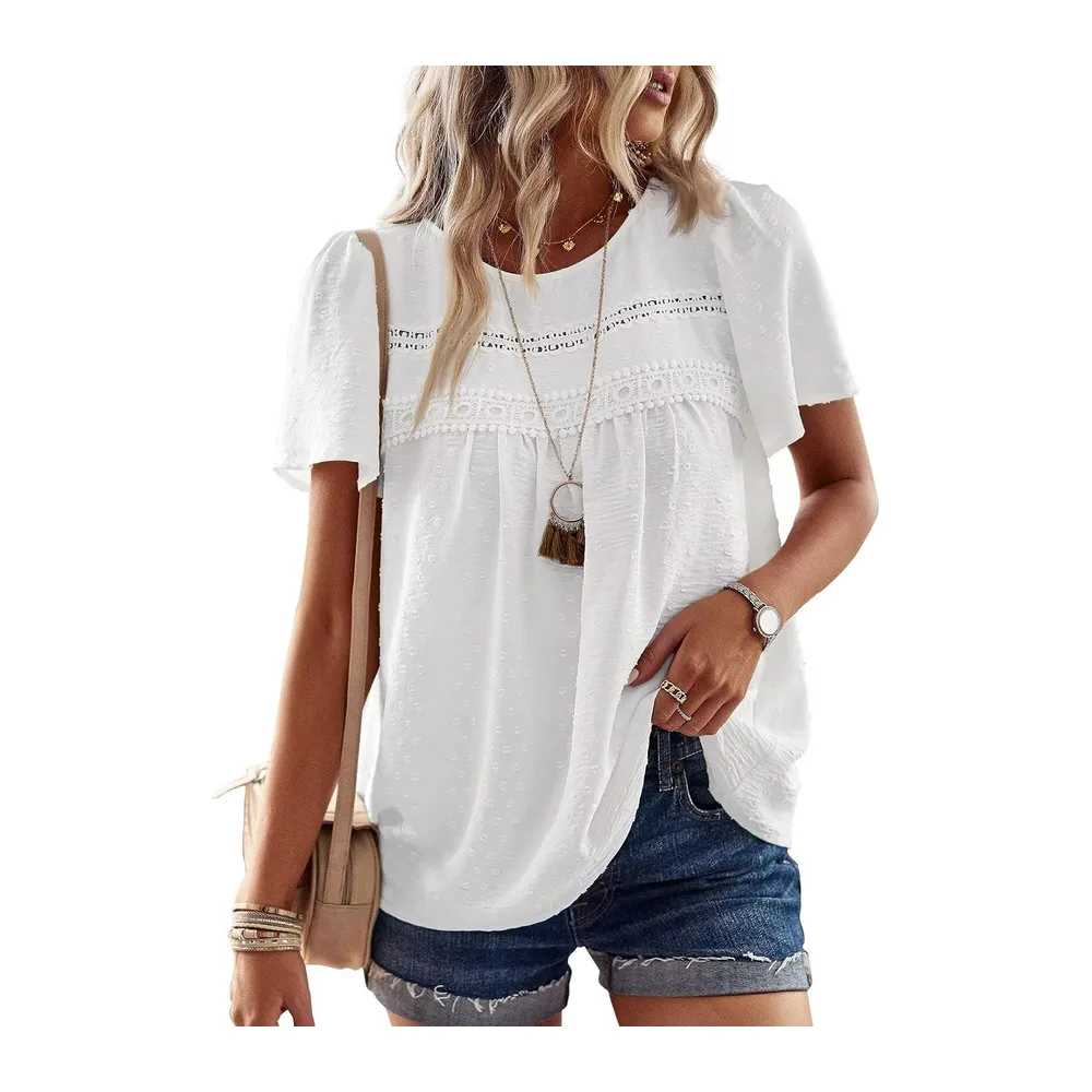 Chemisier Boho Blouse Manches Courtes Col Rond Tunique Fluide — Blanc