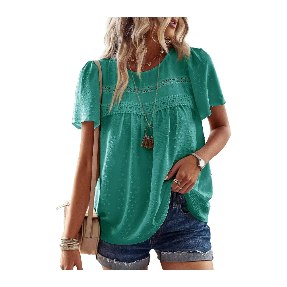 Chemisier Boho Blouse Manches Courtes Col Rond Tunique Fluide — Turquoise