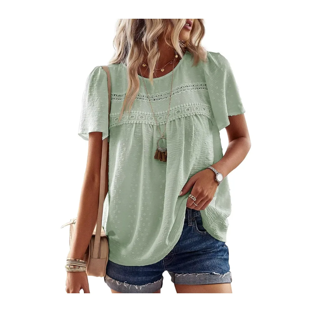 Chemisier Boho Blouse Manches Courtes Col Rond Tunique Fluide — Vert Menthe