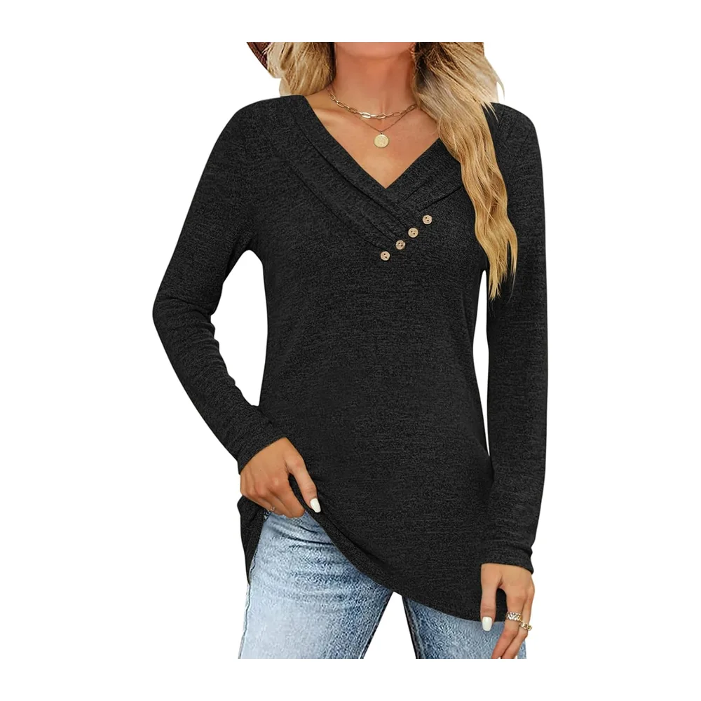 Long Sleeve T Shirt Pullover V Neck Button Down Loose Fall Tunic Tops — Noir