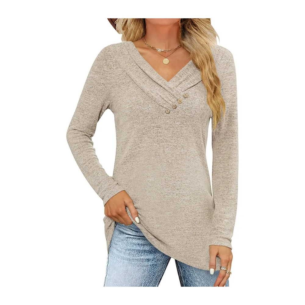 Long Sleeve T Shirt Pullover V Neck Button Down Loose Fall Tunic Tops — Kaki
