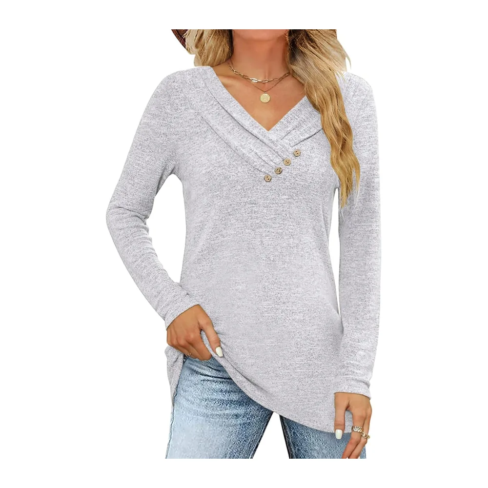 Long Sleeve T Shirt Pullover V Neck Button Down Loose Fall Tunic Tops — Gris Clair