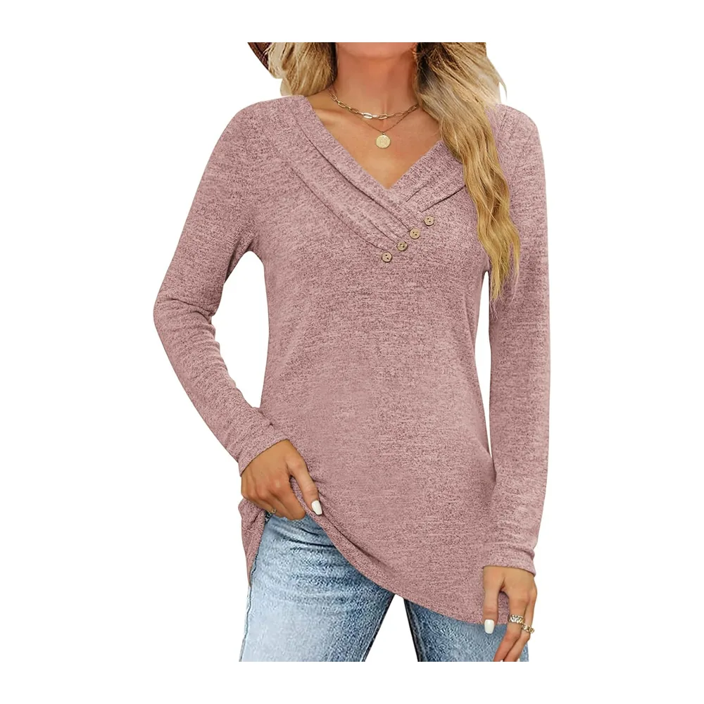 Long Sleeve T Shirt Pullover V Neck Button Down Loose Fall Tunic Tops — Rose