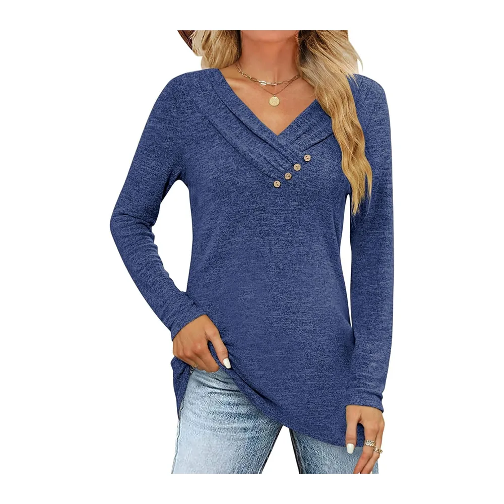 Long Sleeve T Shirt Pullover V Neck Button Down Loose Fall Tunic Tops — Bleu Foncé