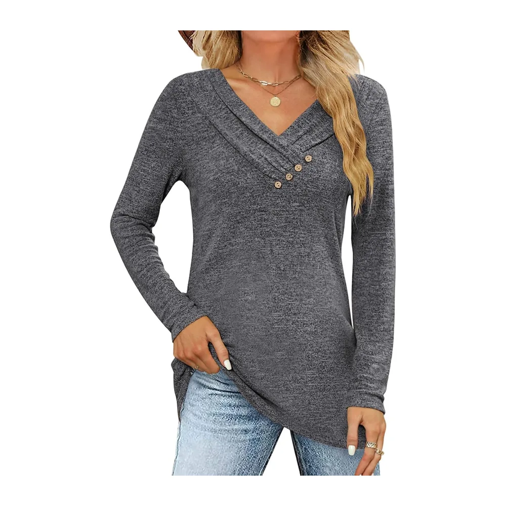 Long Sleeve T Shirt Pullover V Neck Button Down Loose Fall Tunic Tops — Gris Foncé