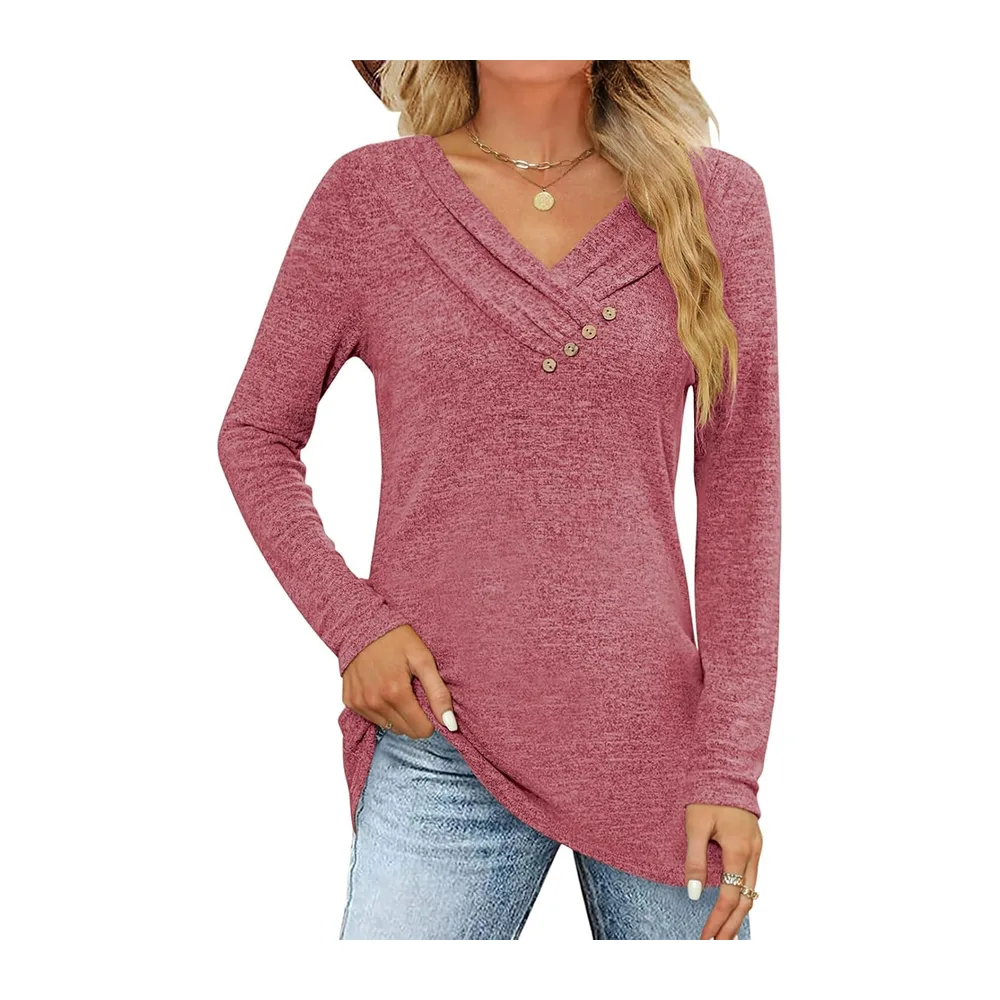 Long Sleeve T Shirt Pullover V Neck Button Down Loose Fall Tunic Tops — Rouge