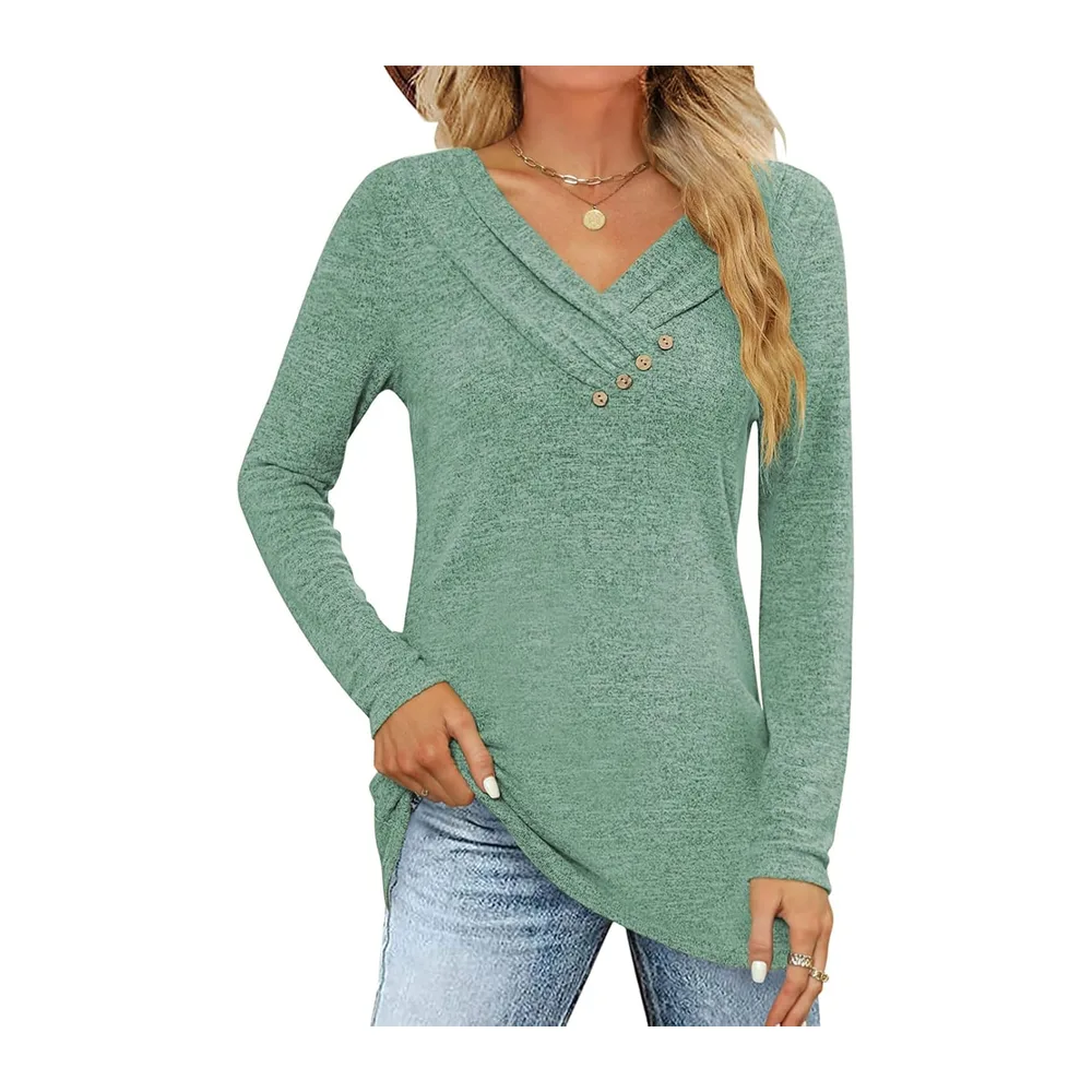 Long Sleeve T Shirt Pullover V Neck Button Down Loose Fall Tunic Tops — Vert