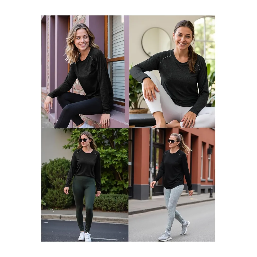 Sports T-Shirt V-Neck Long Sleeve Quick Dry — Noir