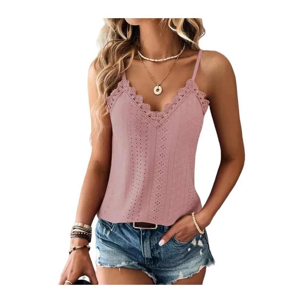 Debardeur Chic et Élégant Été Top Caraco Dentelle sans Manche Bretelles — Gris-rose