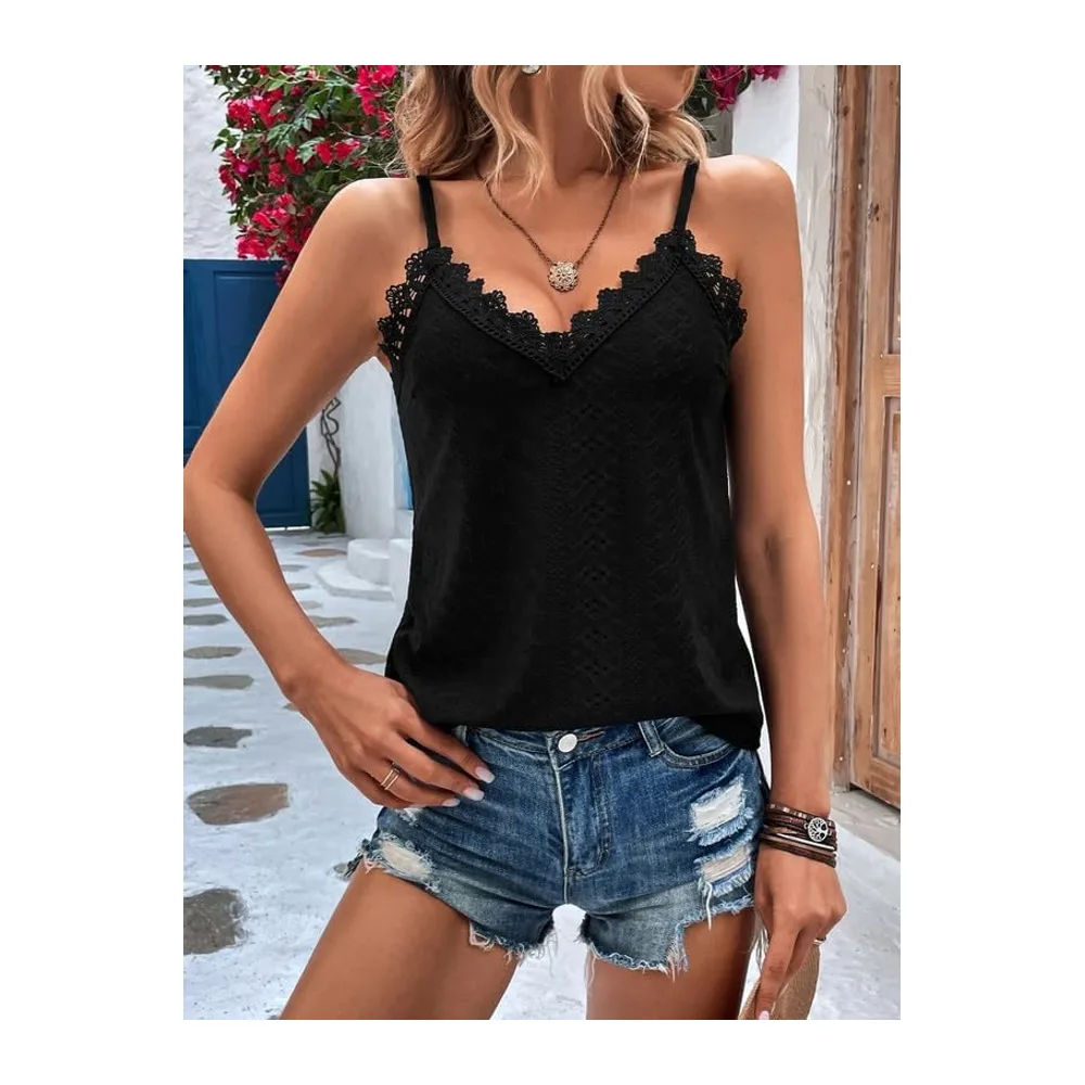 Debardeur Chic et Élégant Été Top Caraco Dentelle sans Manche Bretelles Spaghetti — Noir