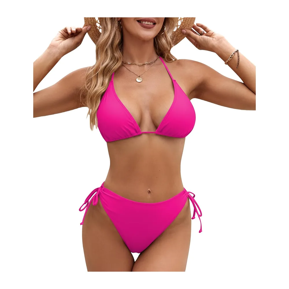 Maillot de Bain Halter Triangle Bikini Taille Basse — Rose Fluorescent