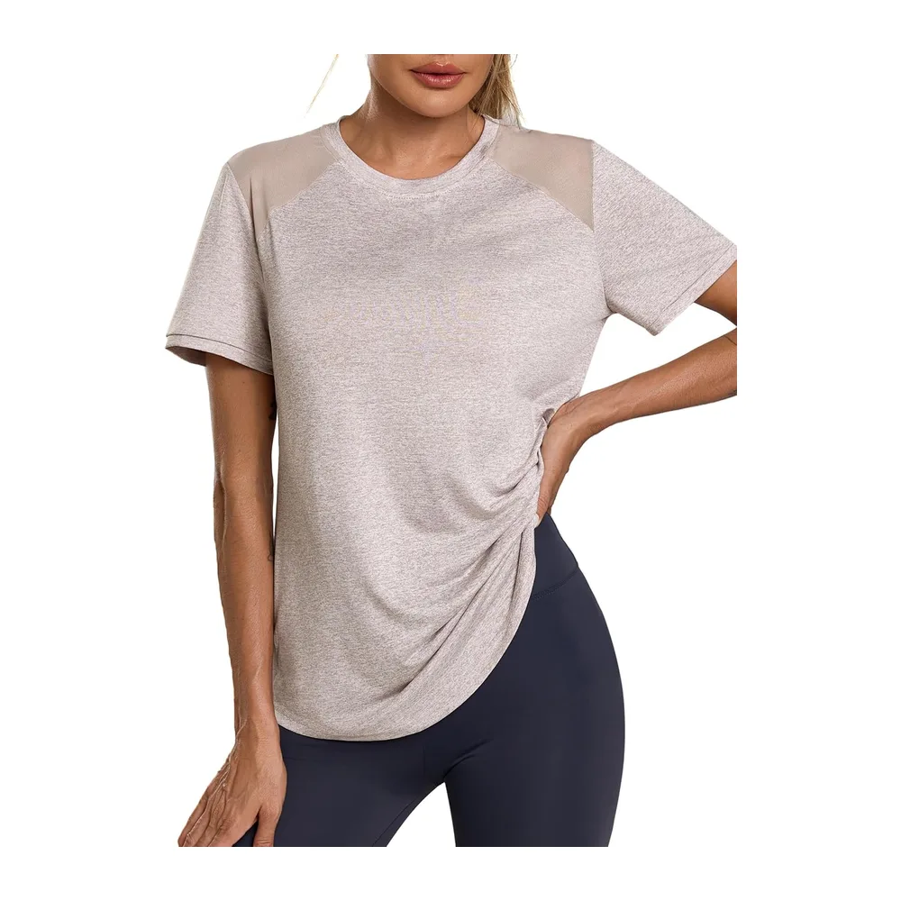 T-Shirt Mesh Back Breathable Top Fitness Yoga Loose Fit Casual Quick Dry T-Shirt — Kaki
