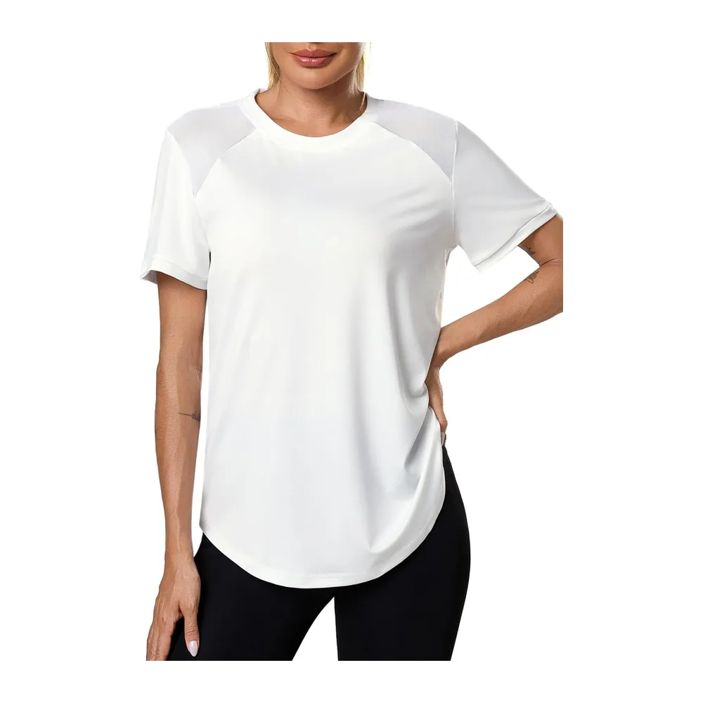 T-Shirt Mesh Back Breathable Top Fitness Yoga Loose Fit Casual Quick Dry T-Shirt — Blanc