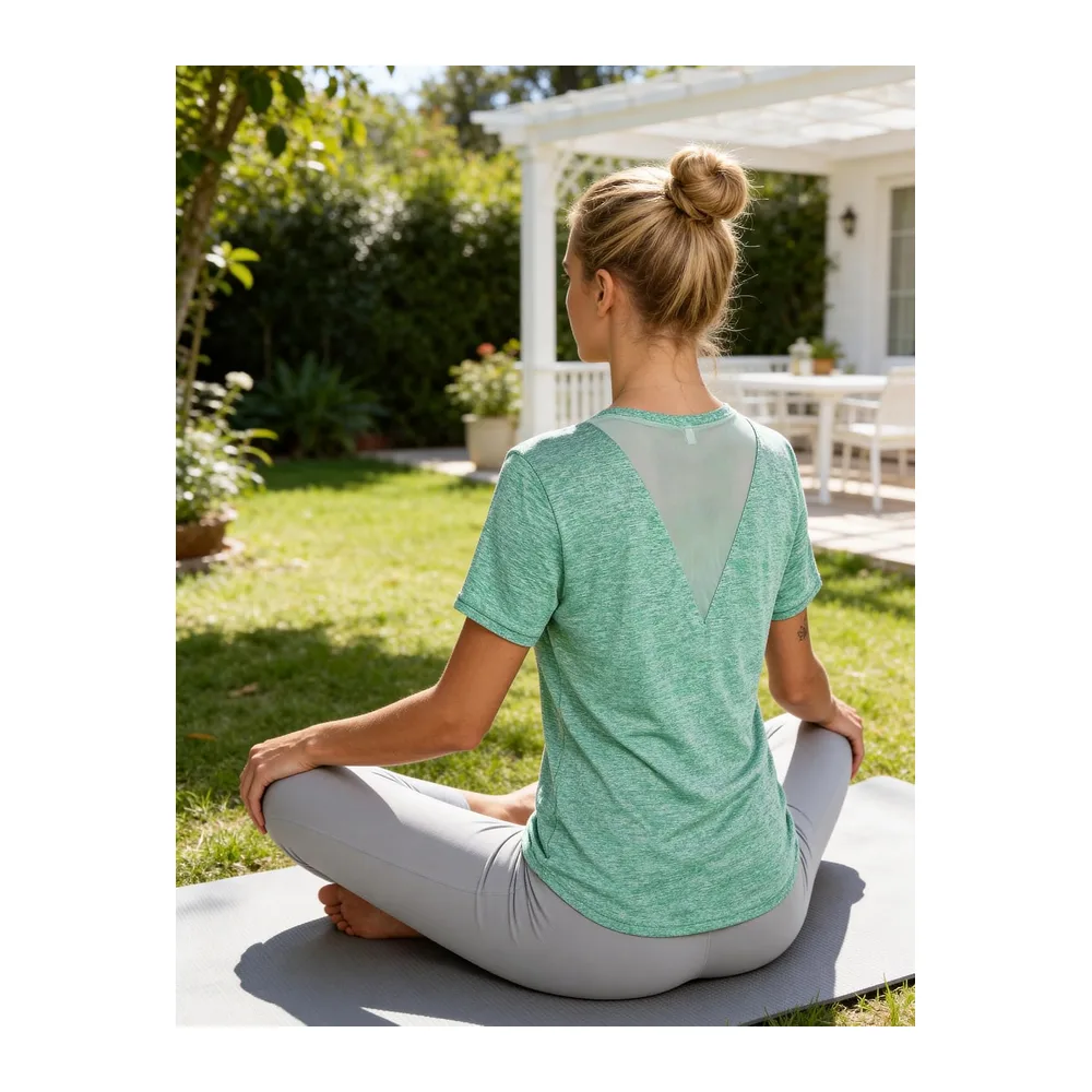 T-Shirt Mesh Back Breathable Top Fitness Yoga Loose Fit Casual Quick Dry T-Shirt — Vert