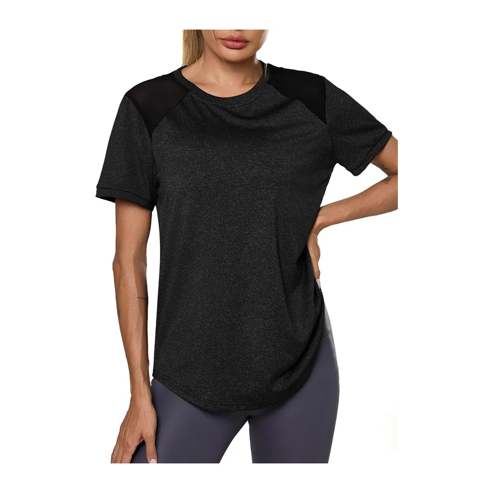 T-Shirt Mesh Back Breathable Top Fitness Yoga Loose Fit Casual Quick Dry T-Shirt — Noir