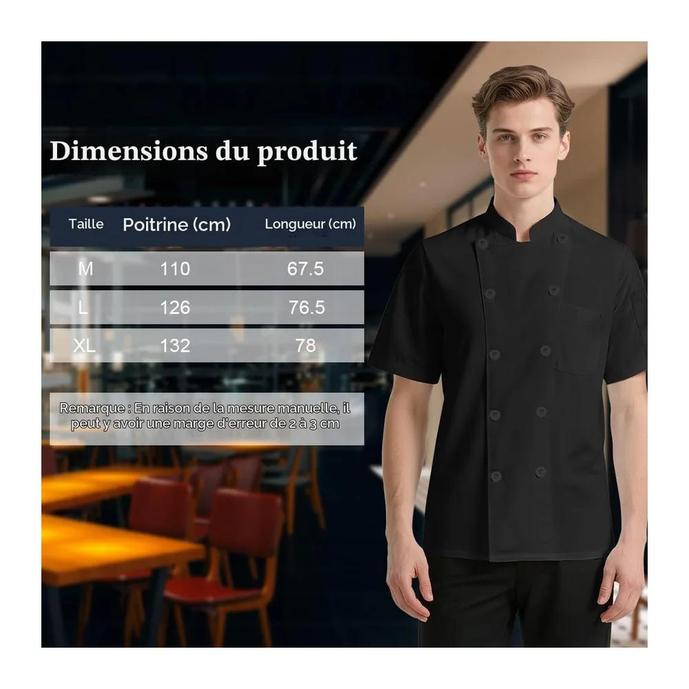 Veste de Cuisine Professionnelle et,Respirante à Dos — Haut À Manches Courtes - Noir
