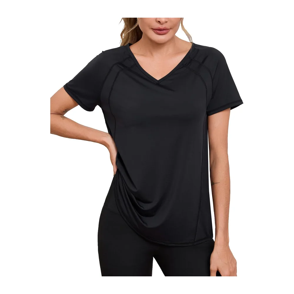 Tee Shirt Sport à Manches Courtes Col en V T-Shirts et Tops de Sport Séchage — Noir