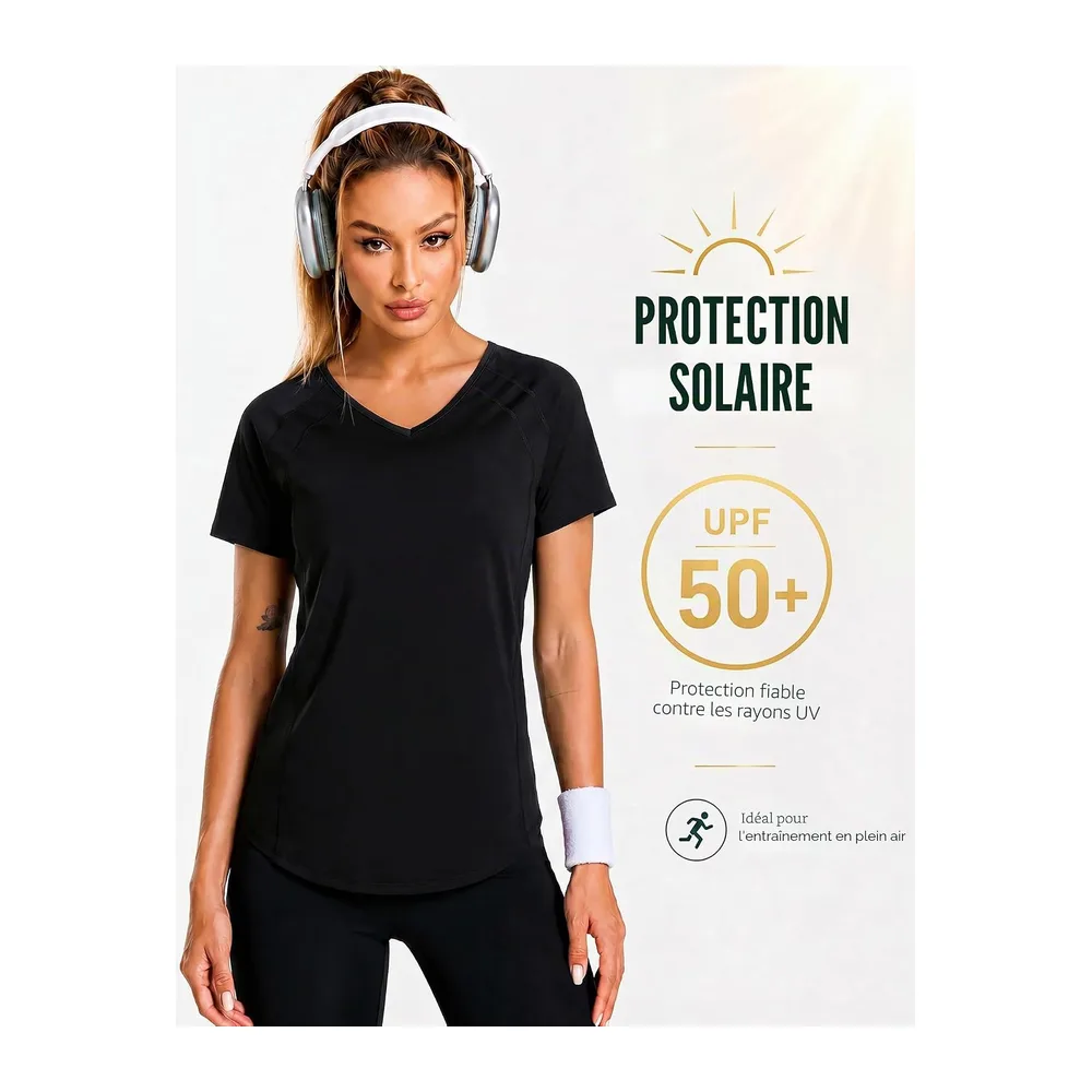 Tee Shirt Sport à Manches Courtes Col en V T-Shirts et Tops de Sport Séchage — Noir