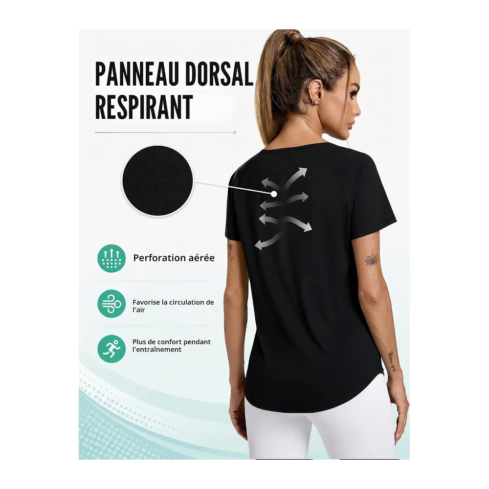 Tee Shirt Sport à Manches Courtes Col en V T-Shirts et Tops de Sport Séchage — Noir