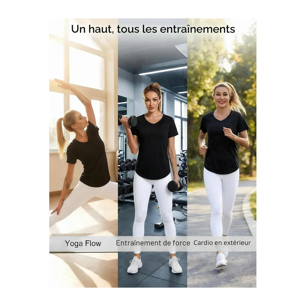 Tee Shirt Sport à Manches Courtes Col en V T-Shirts et Tops de Sport Séchage — Noir