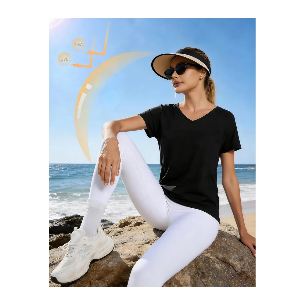 Tee Shirt Sport à Manches Courtes Col en V T-Shirts et Tops de Sport Séchage — Noir