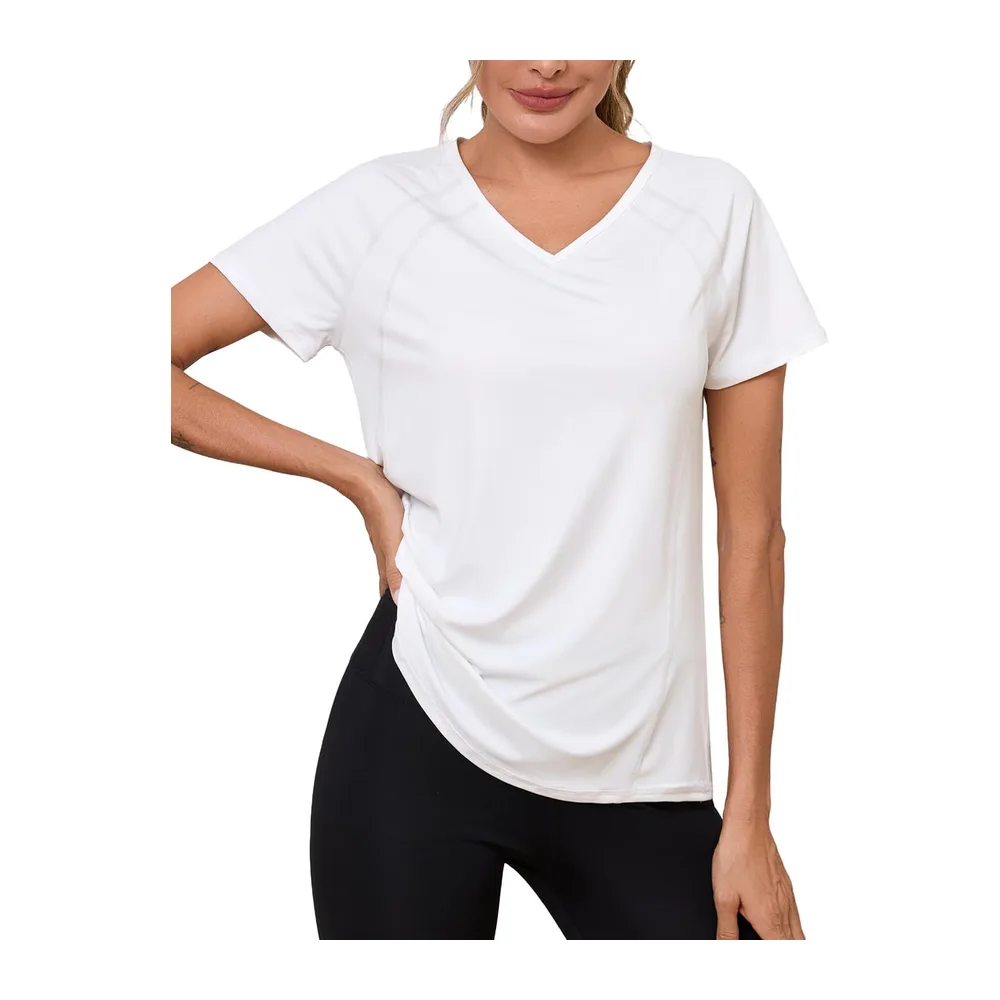 Short-Sleeved V-Neck Sports T-Shirts and Tops Quick Dry Top Yoga Running Fitness — Blanc