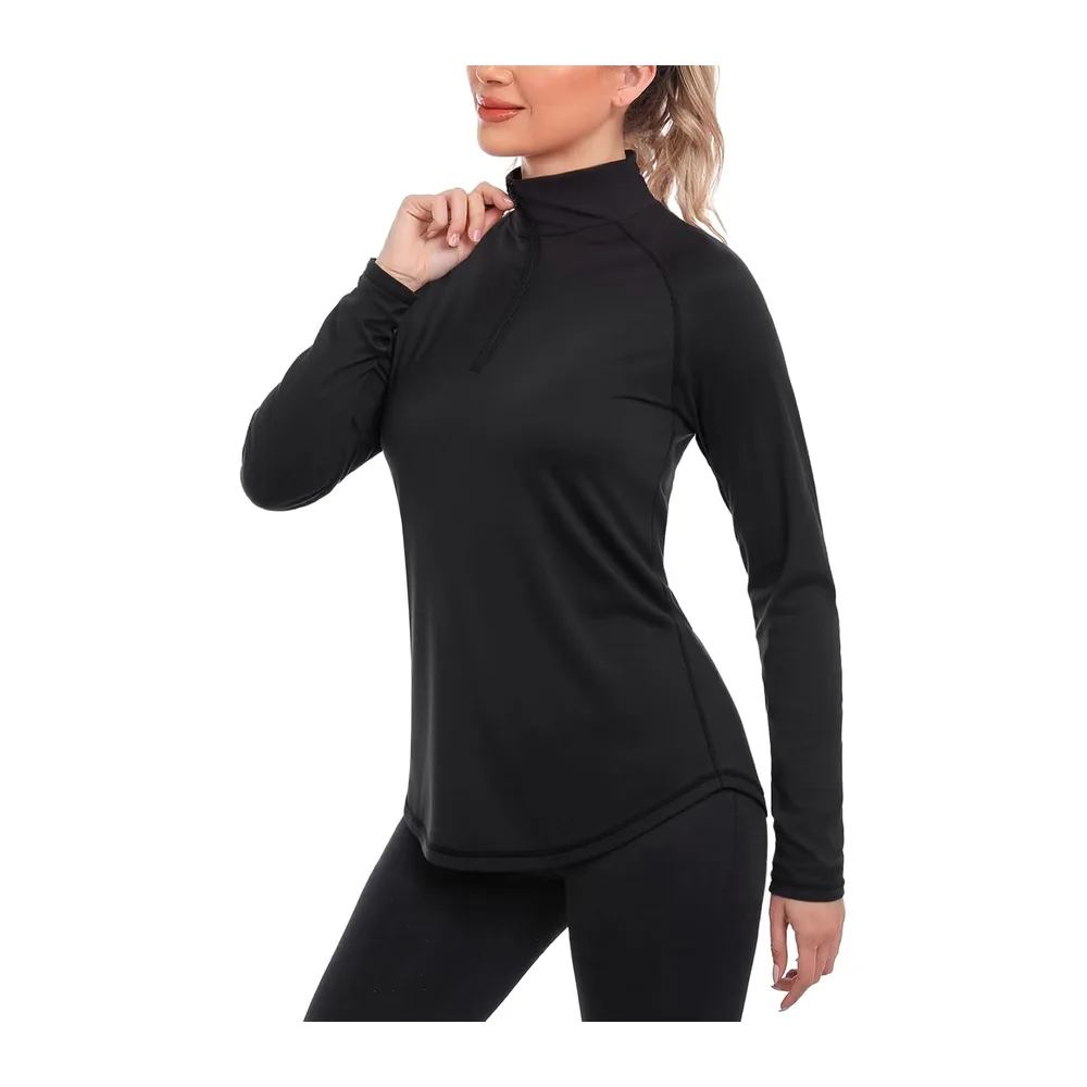 Tee Shirt de Sport Manche Longue Haut Running 1/4 Zip Top Fitness Yoga Séchage — Noir Pur