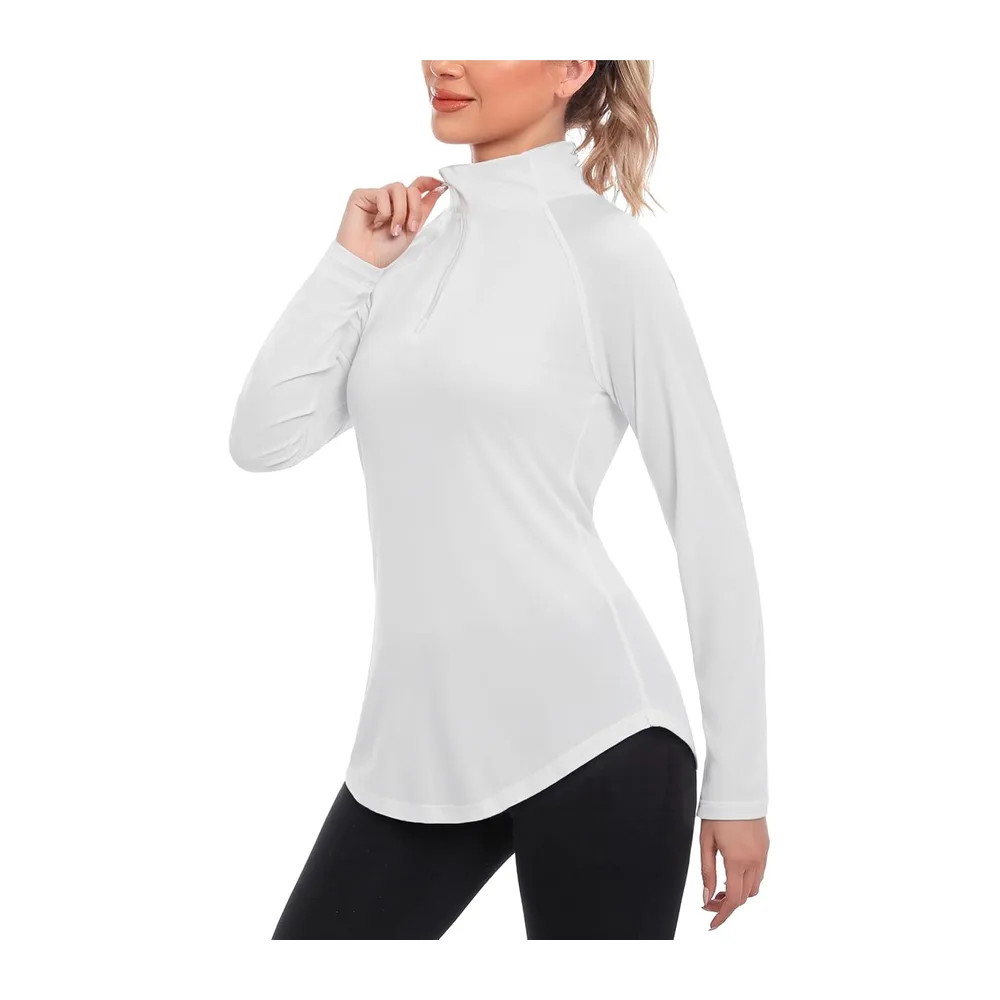 Tee Shirt de Sport Manche Longue Haut Running 1/4 Zip Top Fitness Yoga Séchage — Blanc