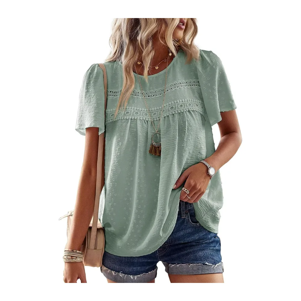 Chemisier Boho Blouse Manches Courtes Col Rond Tunique Fluide — Vert Sage