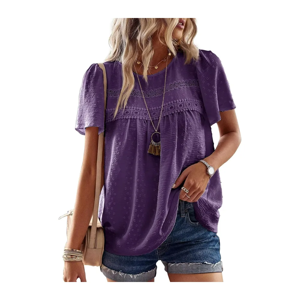 Chemisier Boho Blouse Manches Courtes Col Rond Tunique Fluide — Violet Foncé