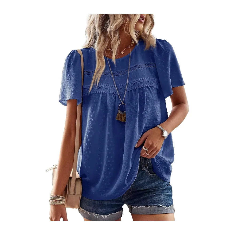 Chemisier Boho Blouse Manches Courtes Col Rond Tunique Fluide — Bleu Saphir