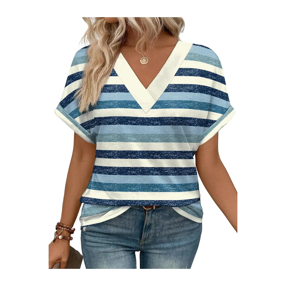 Tee Shirt Col V Manche Courte Tshirt Ete Décontracté Haut — Rayures Bleues