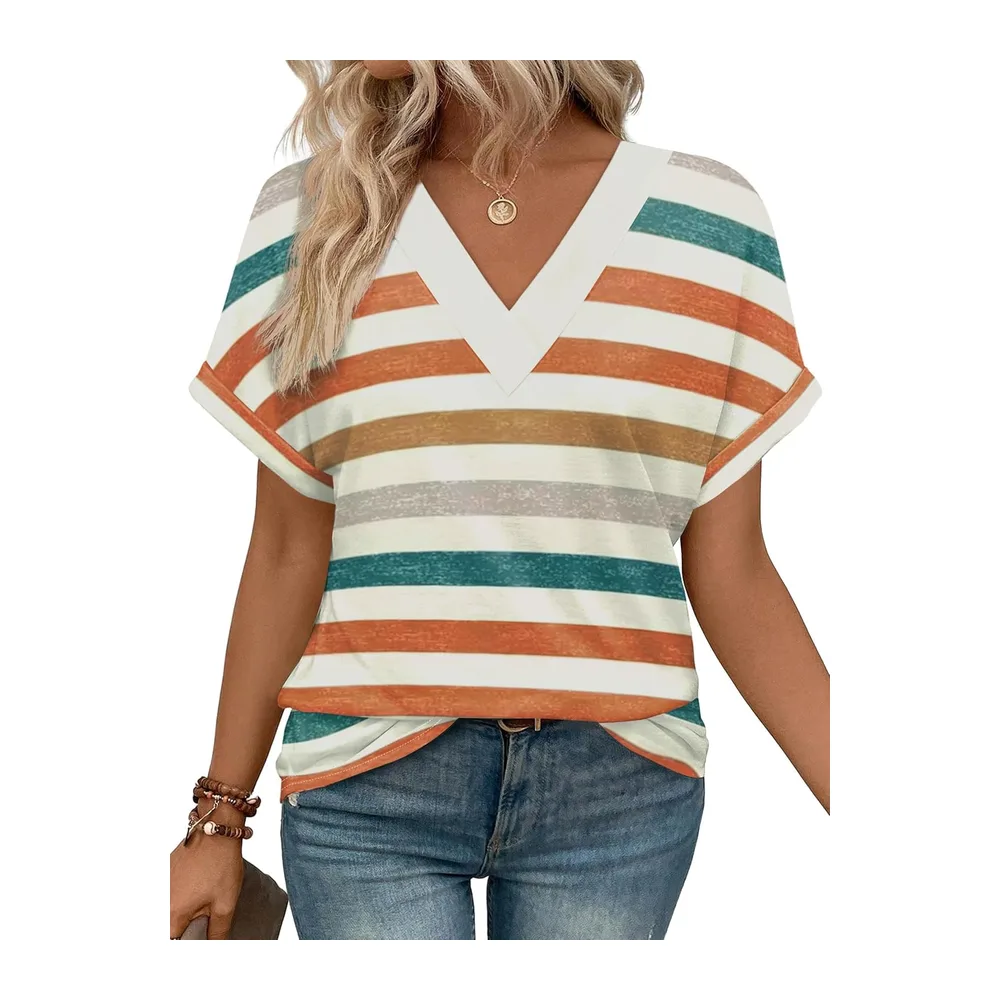 Tee Shirt Col V Manche Courte Tshirt Ete Décontracté Haut — Rayures Orange Vertes