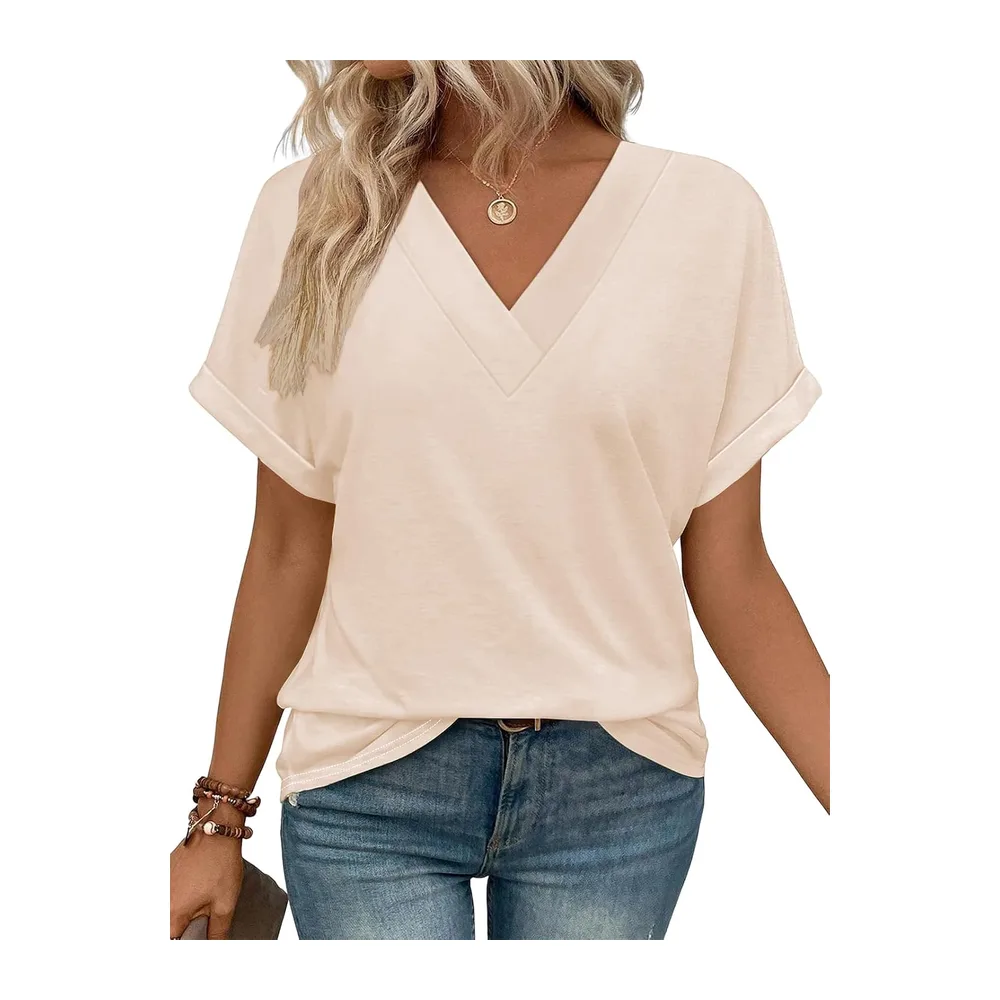 Tee Shirt Col V Manche Courte Tshirt Ete Décontracté Haut — Abricot