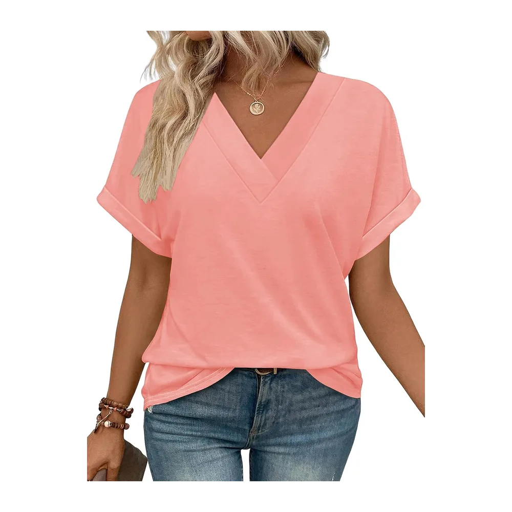 Tee Shirt Col V Manche Courte Tshirt Ete Décontracté Haut — Corail