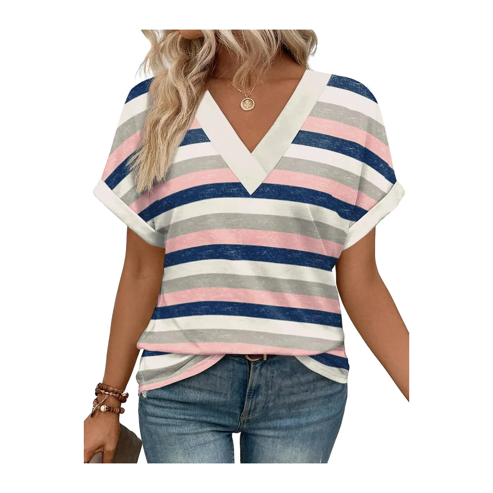 Tee Shirt Col V Manche Courte Tshirt Ete Décontracté Haut — Rayures Roses Bleues