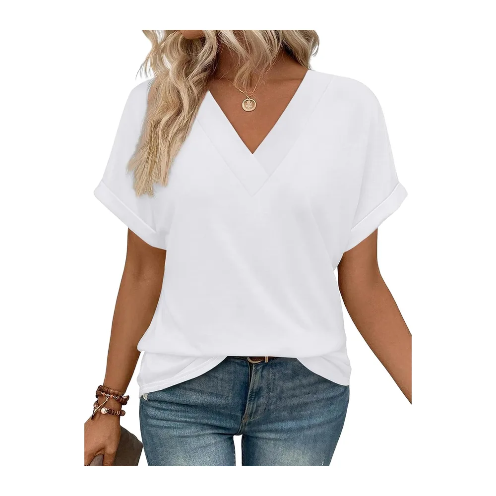Tee Shirt Col V Manche Courte Tshirt Ete Décontracté Haut — Blanc Pur