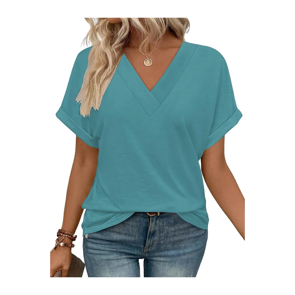 Tee Shirt Col V Manche Courte Tshirt Ete Décontracté Haut — Bleu Vert