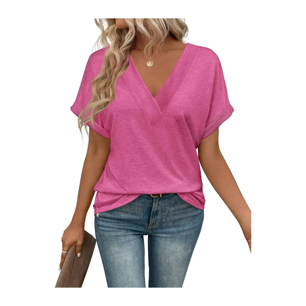 Tee Shirt Col V Manche Courte Tshirt Ete Décontracté Haut — Rose Rouge