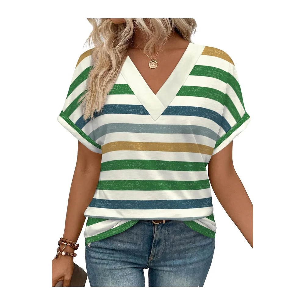 Tee Shirt Col V Manche Courte Tshirt Ete Décontracté Haut — Rayures Jaunes Vertes