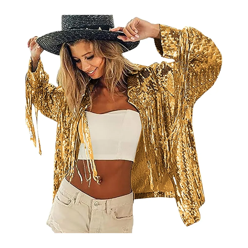 Veste tendance avec franges élégantes et paillettes scintillantes dans un style disco — Or