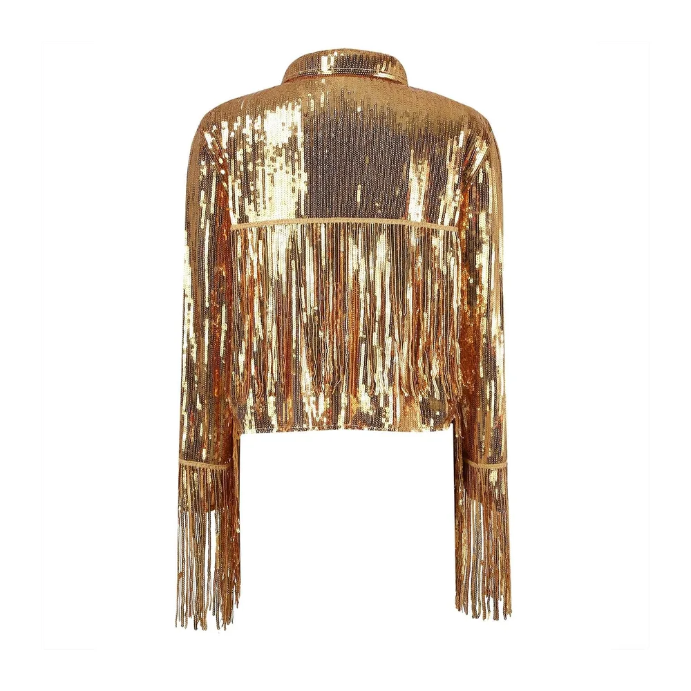 Veste tendance avec franges élégantes et paillettes scintillantes dans un style disco — Or