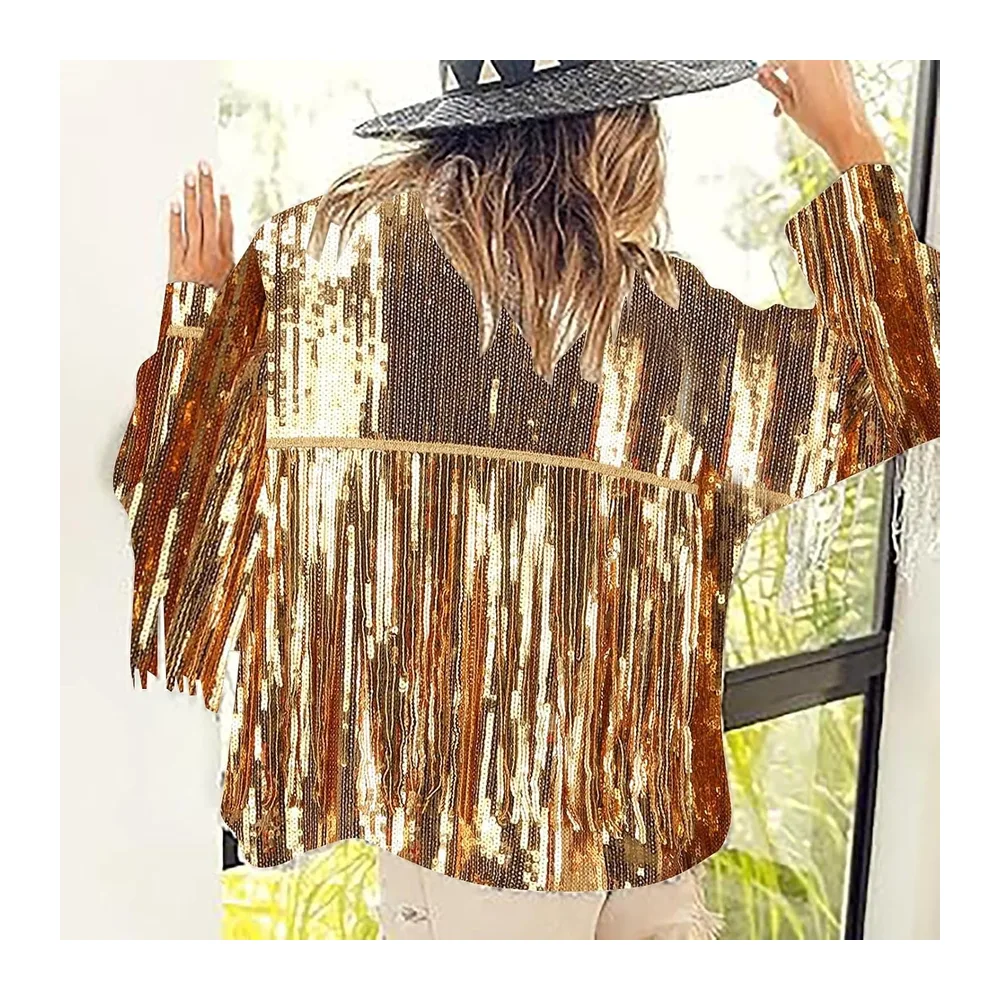 Veste tendance avec franges élégantes et paillettes scintillantes dans un style disco — Or