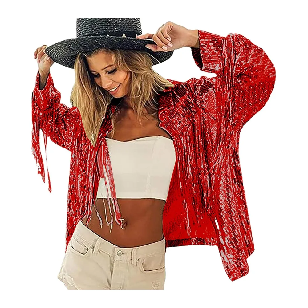 Veste tendance avec franges élégantes et paillettes scintillantes dans un style — Rouge