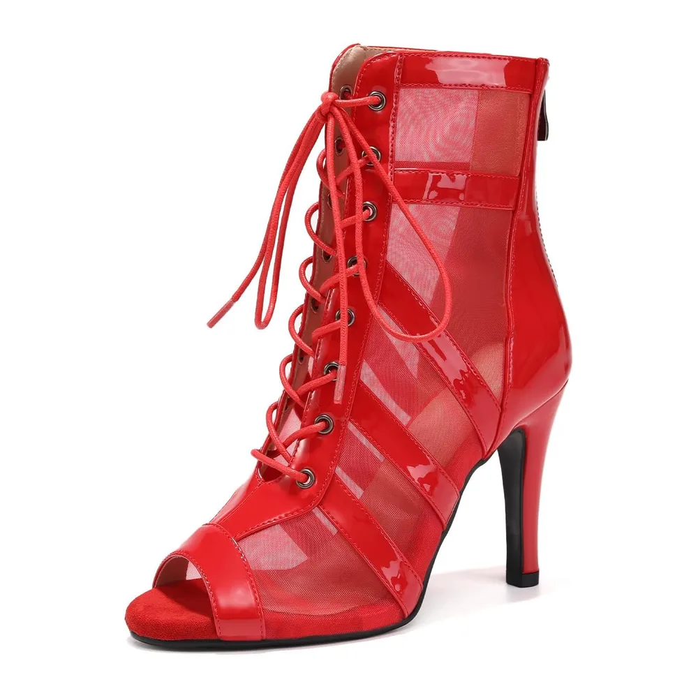 Dance Boots Lace Up Open Toe Ballroom Dance Shoes for Salsa Bachata Tango — Rouge