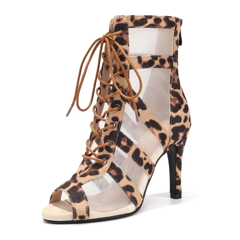 Dance Boots Lace Up Open Toe Ballroom Dance Shoes for Salsa Bachata Tango — Léopard