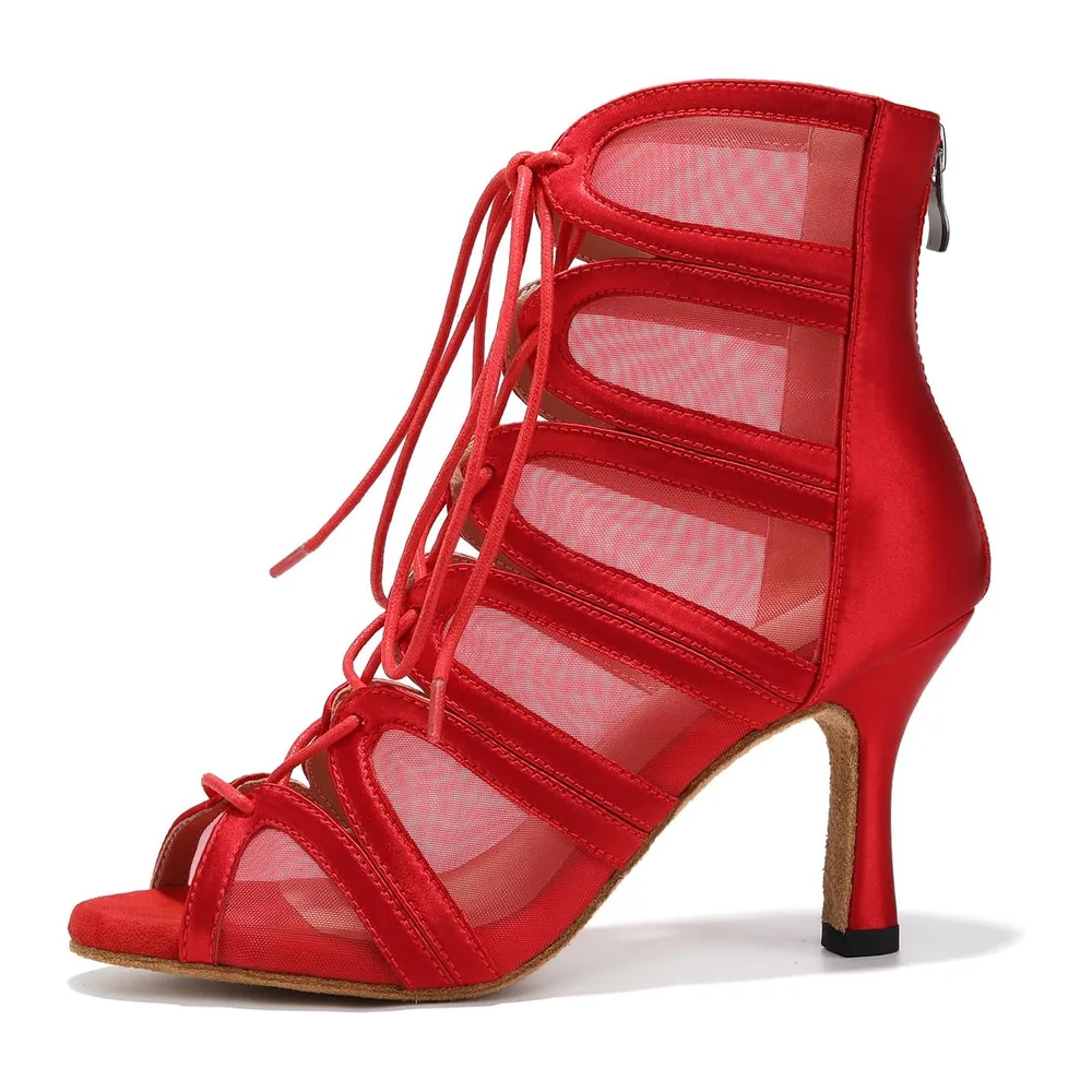 Bottes de Danse Latine Bachata à Lacets Bout Ouvert Chaussure de Danse de Salon — Rouge
