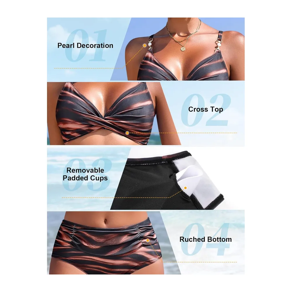 Twisted High Waist Bikini Set V Neck Slim Tummy Control Two Pieces with — Vagues Café